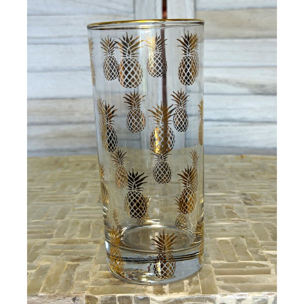 Vintage Gold Rimmed Pineapple Highball Glass 6.5"